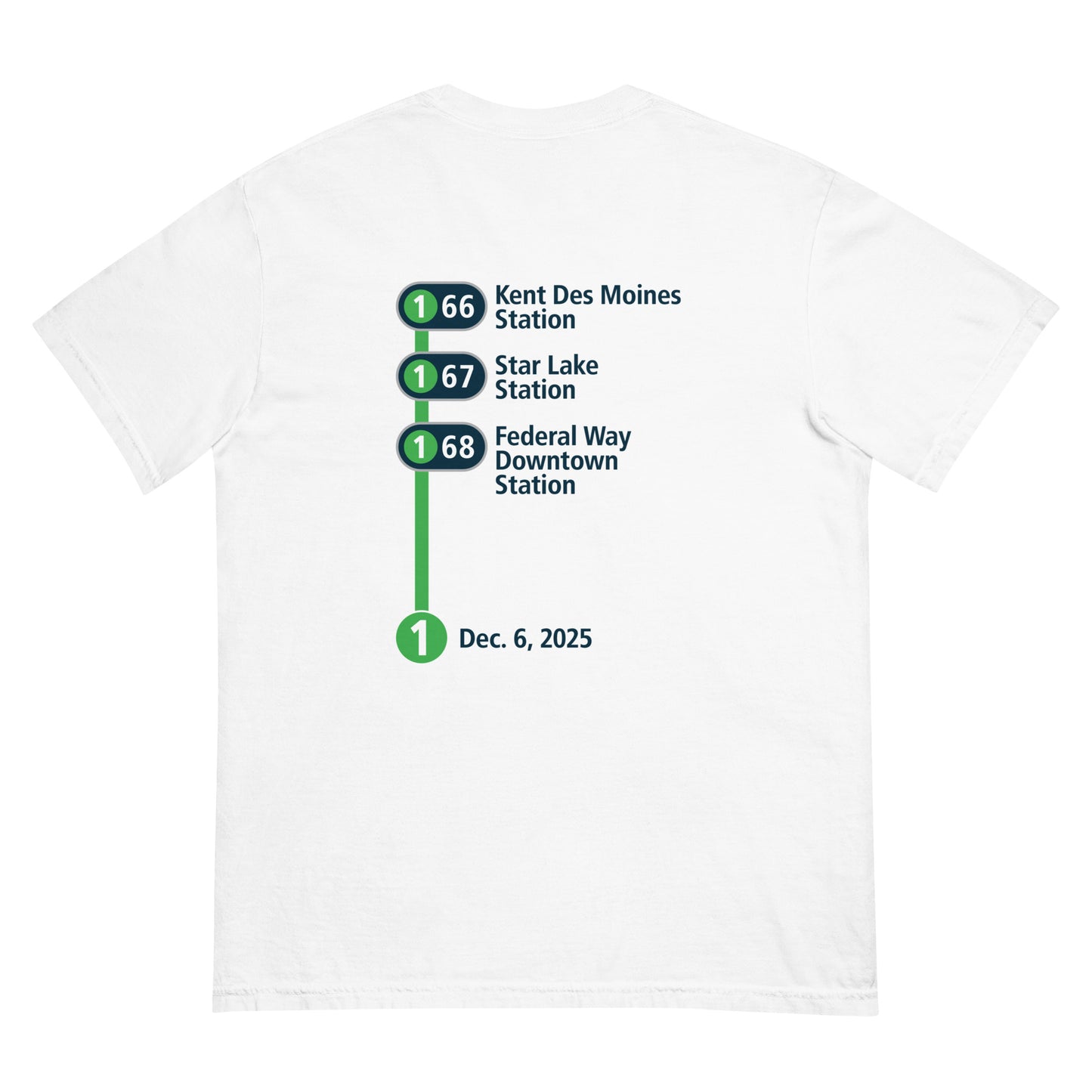 Back of t-shirt with station code symbols and names going from top to bottom.