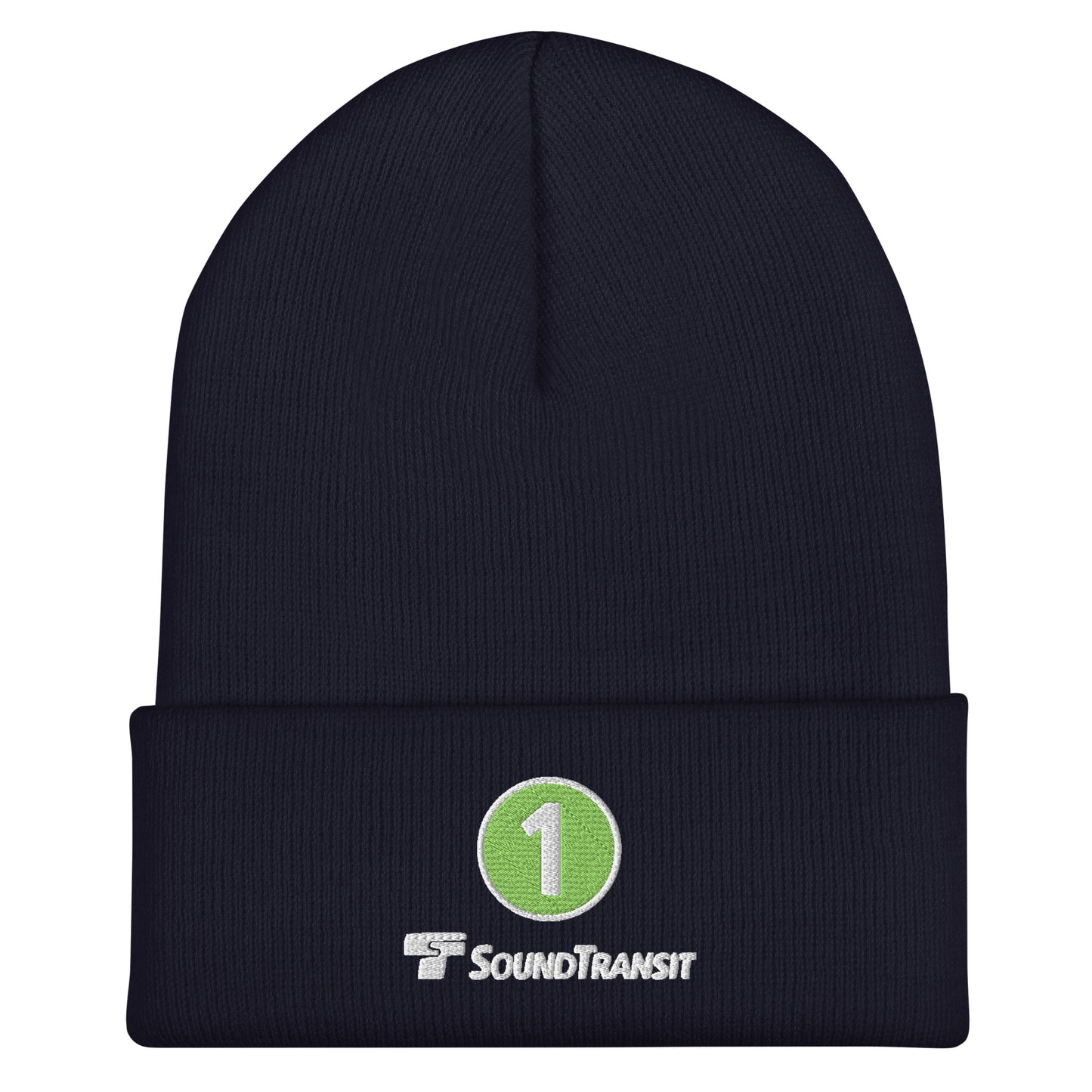 Beanie with a 1 Line patch and Sound Transit stitched underneath.