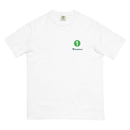 Front of white tee with 1 Line symbol and Sound Transit written in the top right.